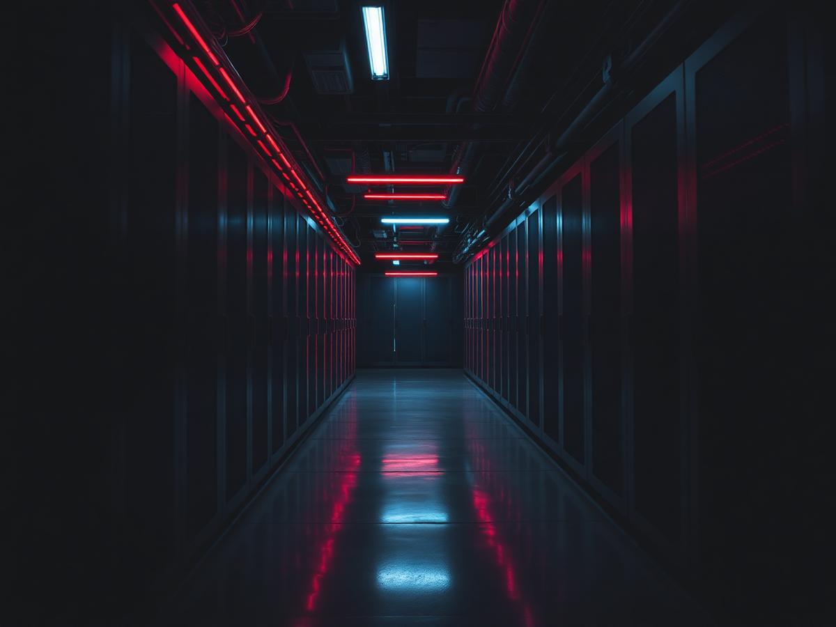 Dark data centre corridor lit with red strips